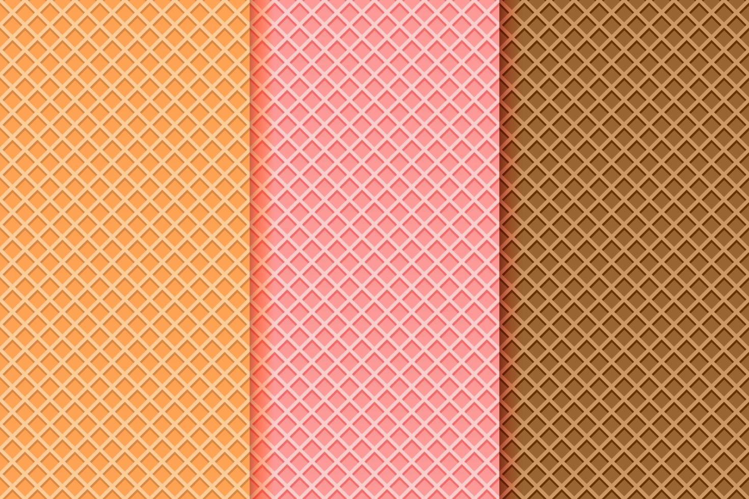 Ice cream waffle cone textures set. Seamless patterns with different wafer backgrounds, vanilla, strawberry, chocolate vector