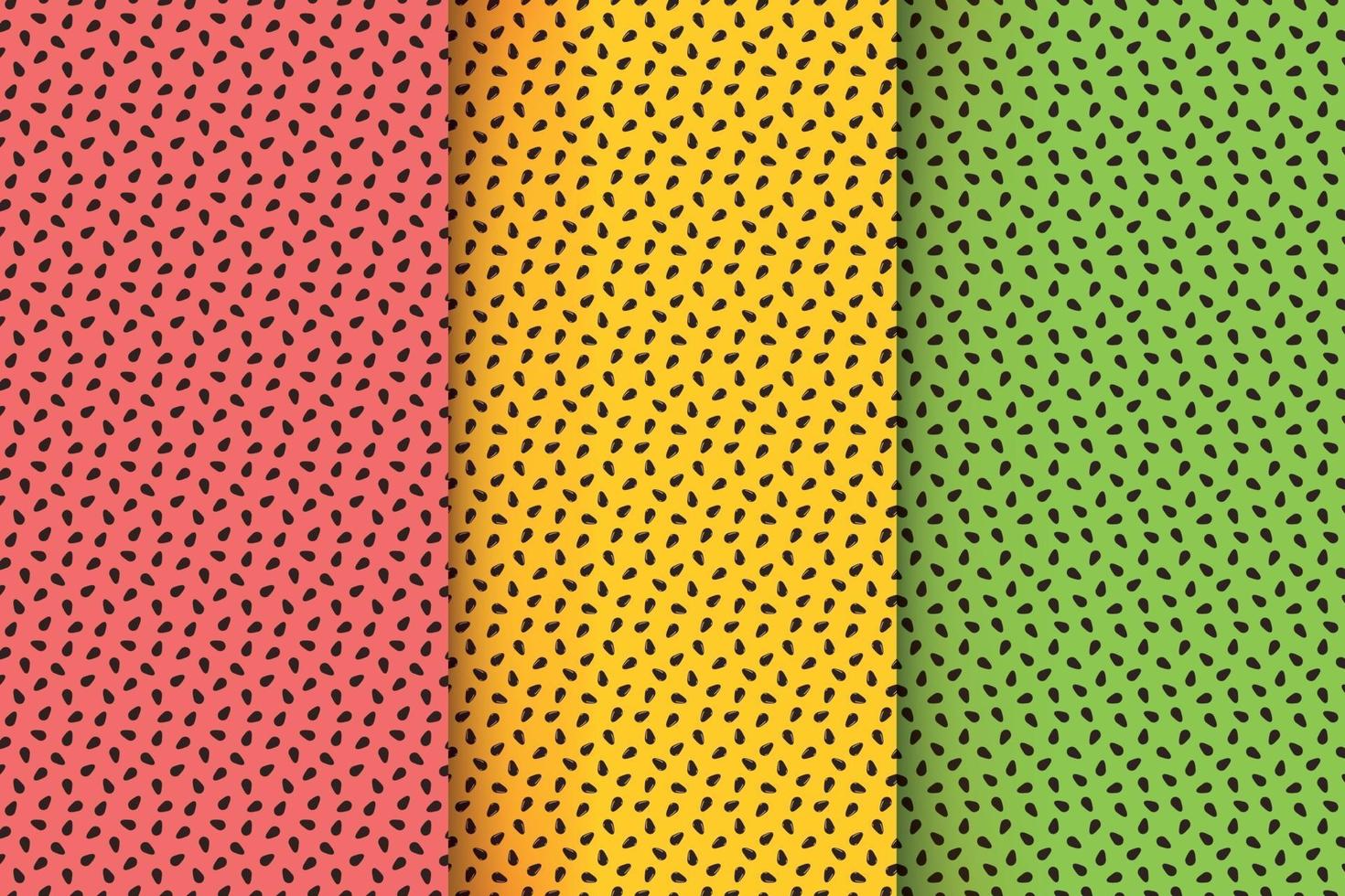 Tropical fruit seamless pattern set. Watermelon, maracuya, kiwi texture. Exotic summer print with brown seeds on red, orange and green background vector
