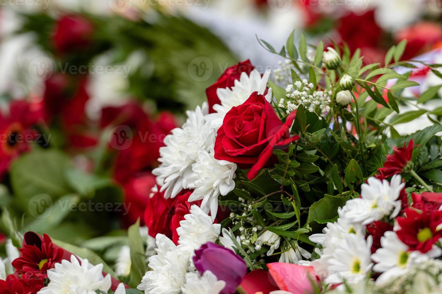 Irregularly placed flowers in various colors, Multi colored floral background - Image photo