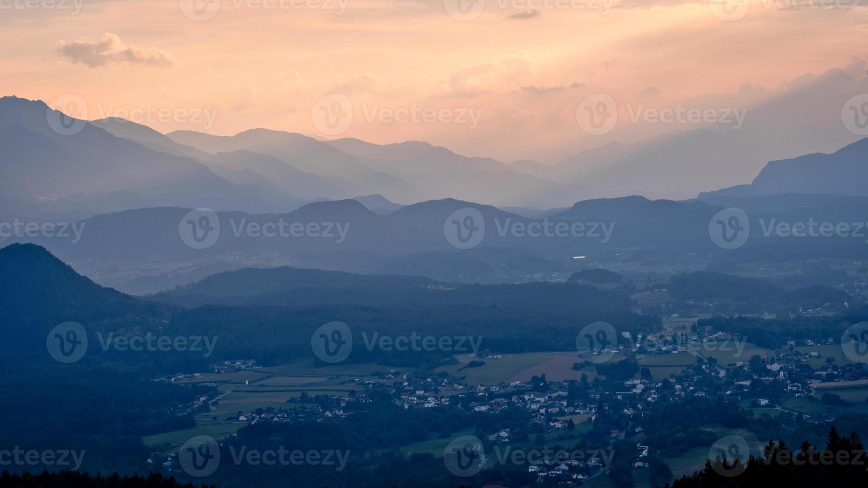 Evening view from observation tower Pyramidenkogel to mountains,Carinthia,Austria photo