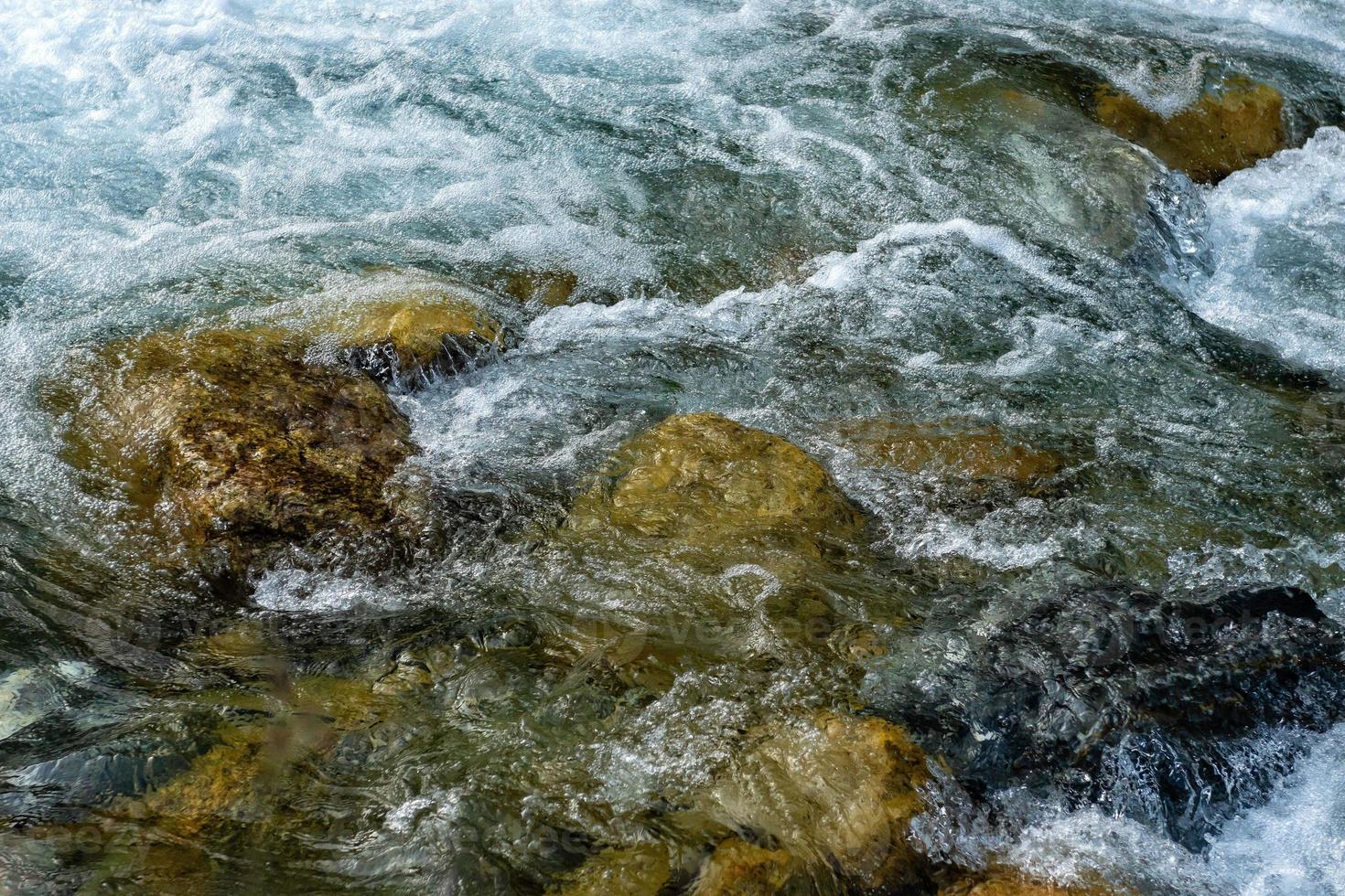 Powerful flow of water over the stones, mountain river close up. photo