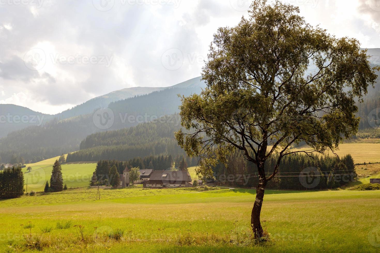 un pequeño pueblo típico austriaco al pie de las montañas alpinas. foto