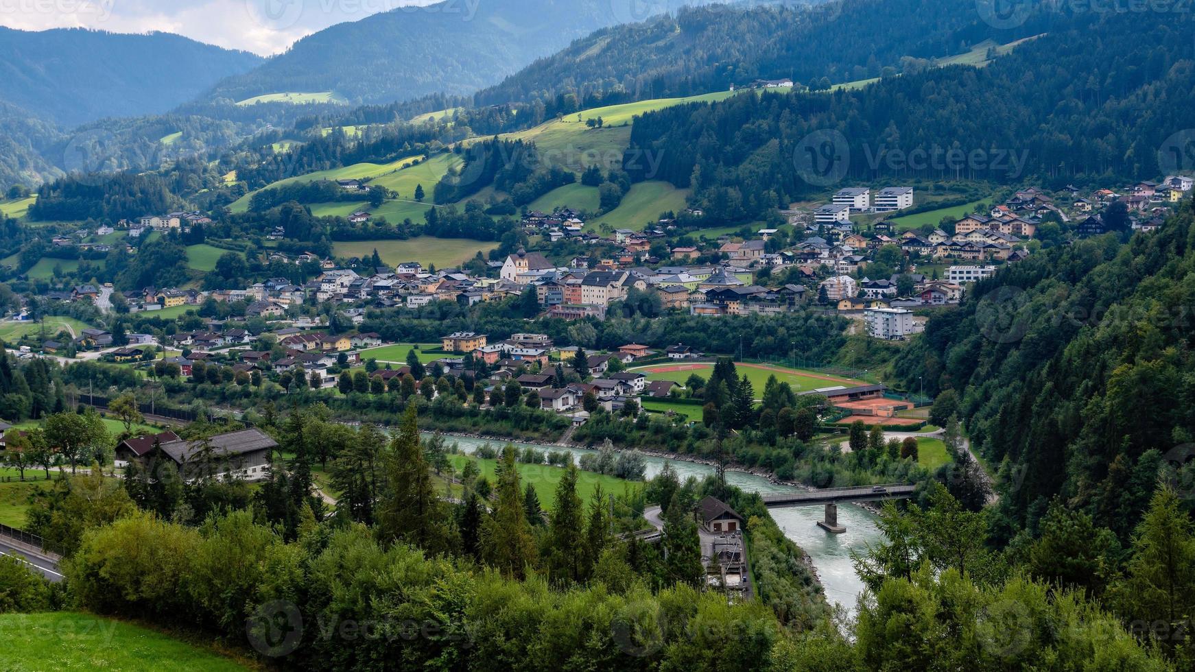 Aerial view of the Werfen village in Austria famous for Hohenwerfen castle and Eisriesenwelt ice cave. photo