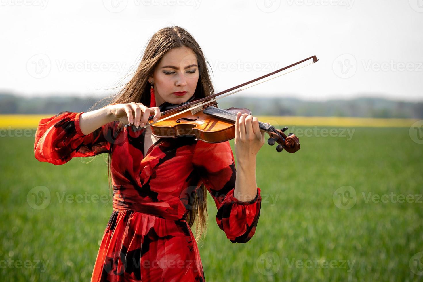 Young woman in red dress playing violin in green meadow - image photo