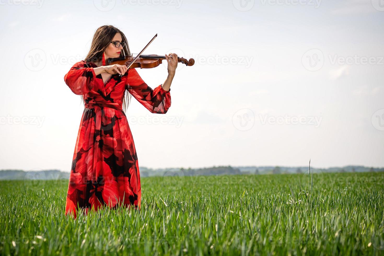 Young woman in red dress playing violin in green meadow - image photo