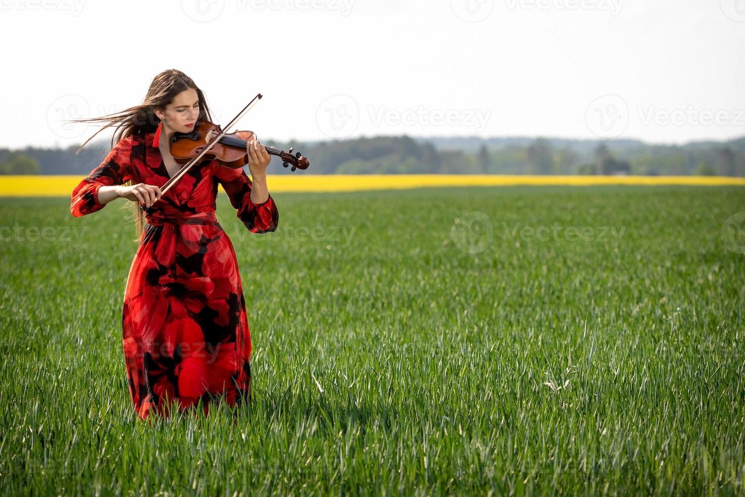 Mujer joven en vestido rojo tocando el violín en la pradera verde - imagen foto