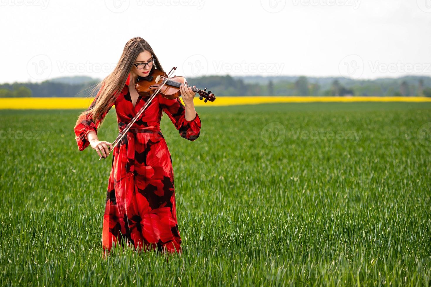 Young woman in red dress playing violin in green meadow - image photo