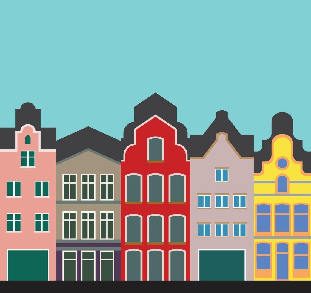 Colorful classic row houses collection front elevation view. vector