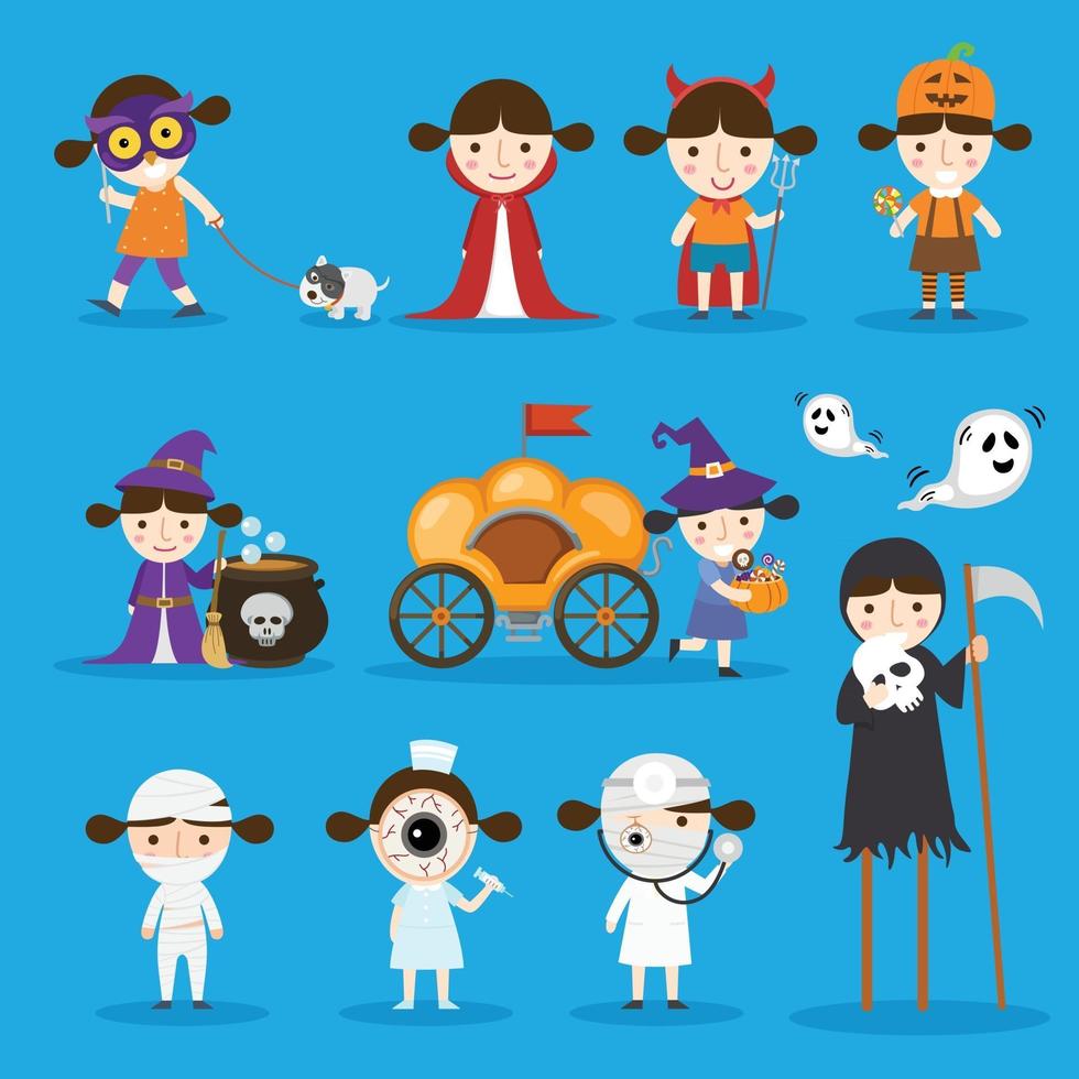 Fiesta de disfraces de Halloween para niños aislar sobre fondo blanco. vector