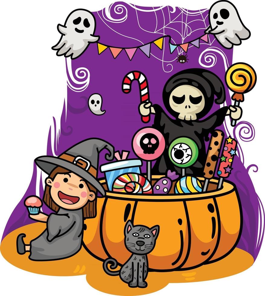 Fiesta de disfraces de Halloween para niños aislar sobre fondo blanco. vector