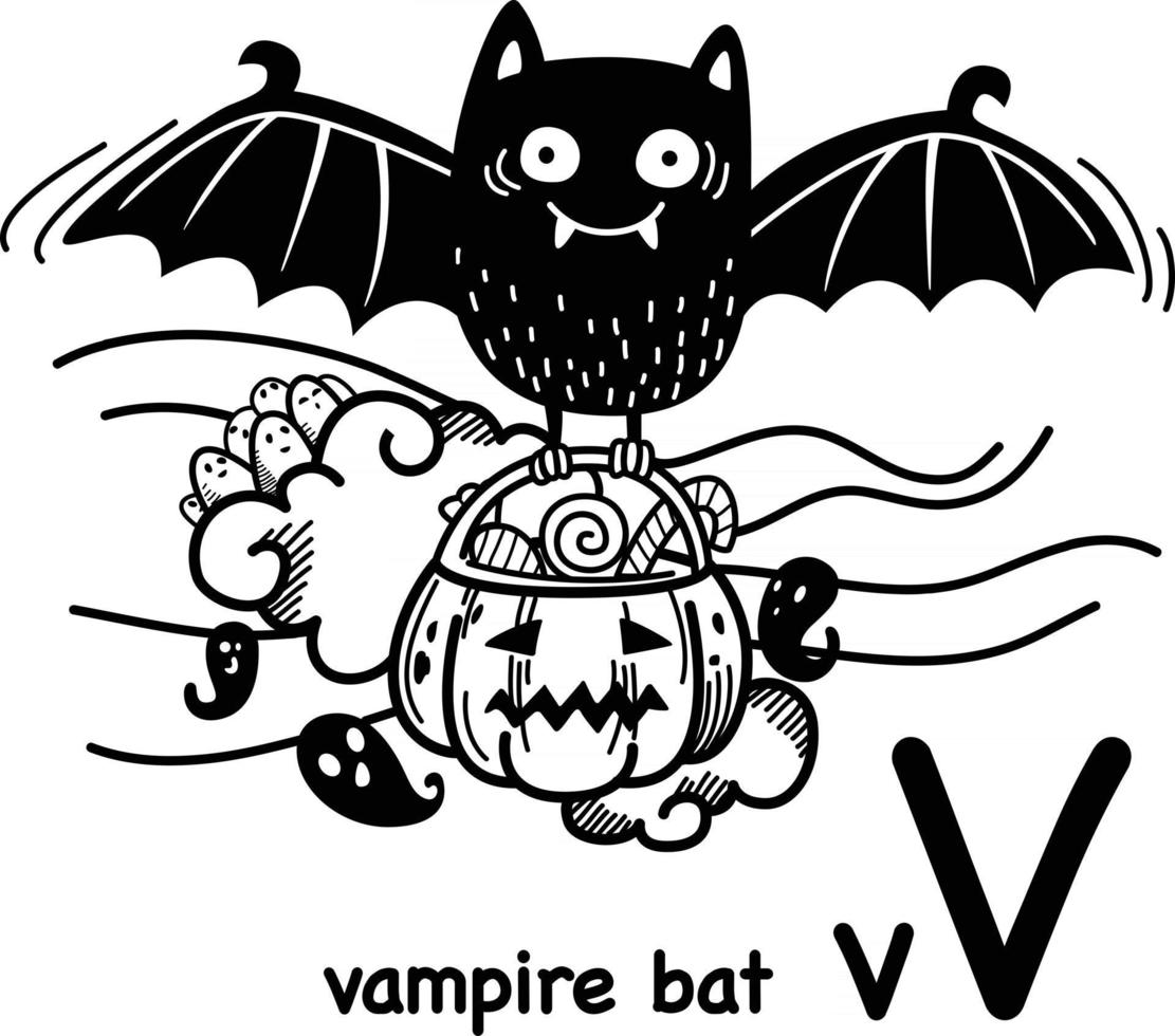 Hand drawn.Alphabet Letter V-vampire bat illustration, vector