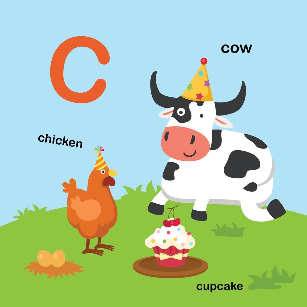 Ilustración aislada alfabeto letra c-vaca, pollo, cupcake.vector vector