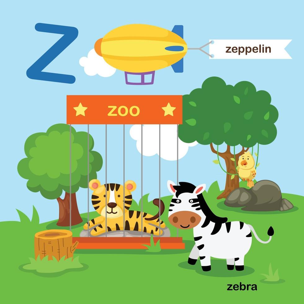 Ilustración aislada alfabeto letra z-zoo, zepelín, zebra.vector vector