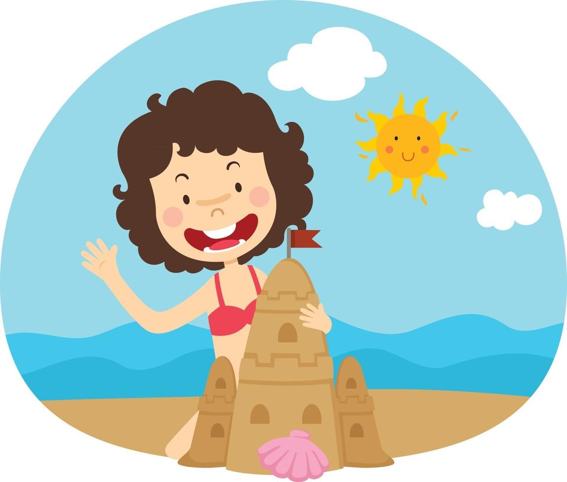 Ilustración de niña en el vector de mar