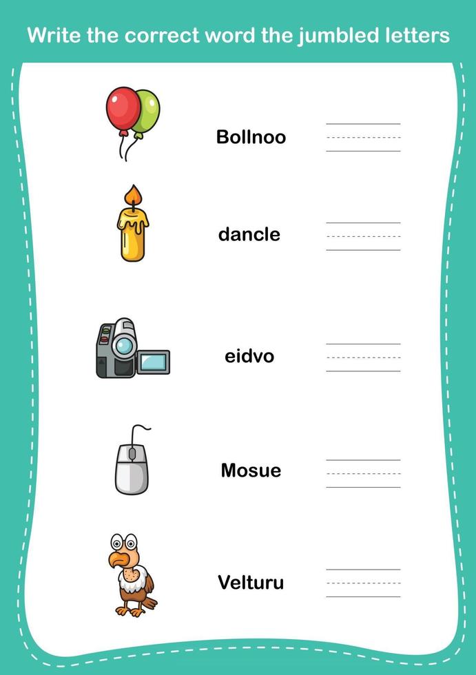 Write the correct word the jumbled letters,illustration, vector