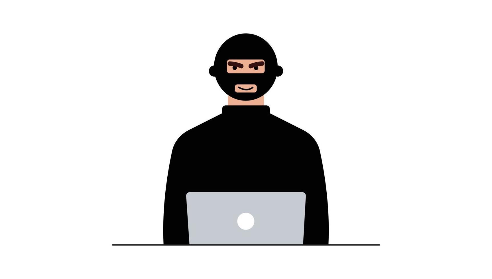 Hacker attack. Fraud with user data on social networks. Internet phishing, hacked password. Cybercrime and crime. A thief on a website online on the internet. The criminal behind a laptop, computer. vector