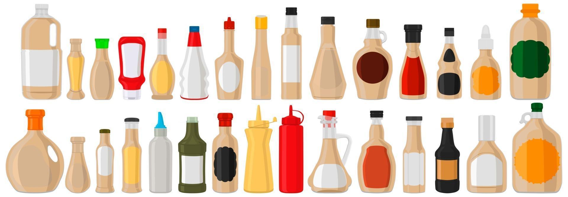 ilustración tema kit grande botellas de vidrio variadas llenas de salsa líquida de sésamo vector