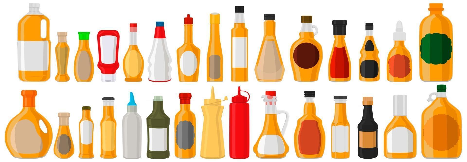 Ilustración sobre tema kit grande botellas de vidrio variadas llenas de vinagre de manzana líquido vector