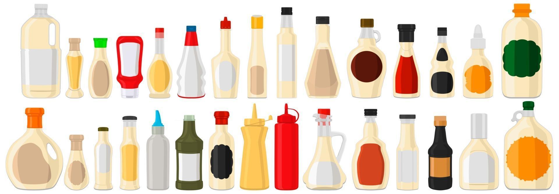 Ilustración sobre el tema kit grande botellas de vidrio variadas llenas de jarabe de yogur líquido vector