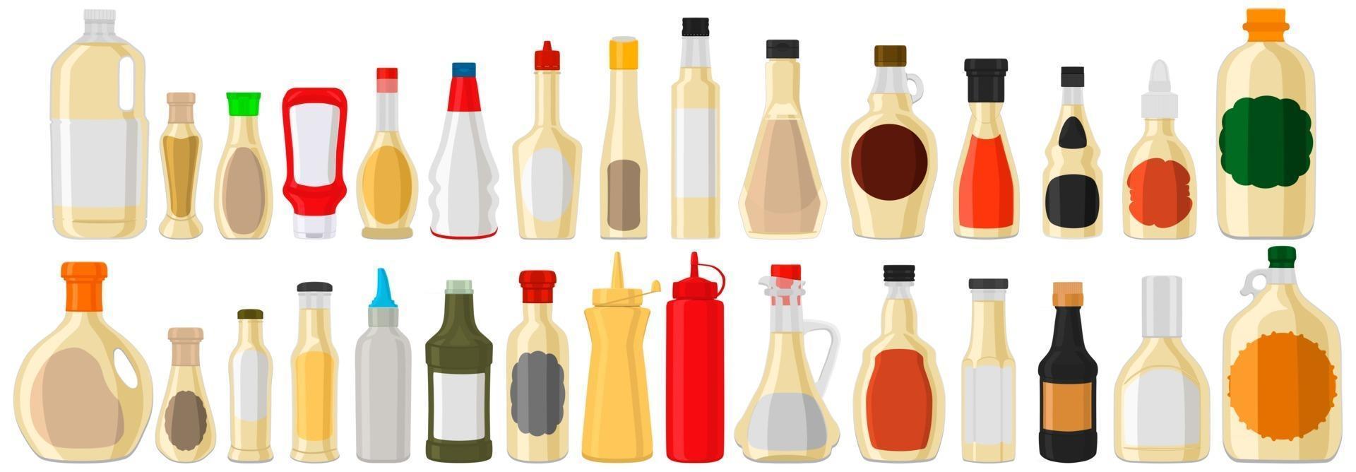 Ilustración sobre el tema kit grande botellas de vidrio variadas llenas de salsa líquida tártara vector