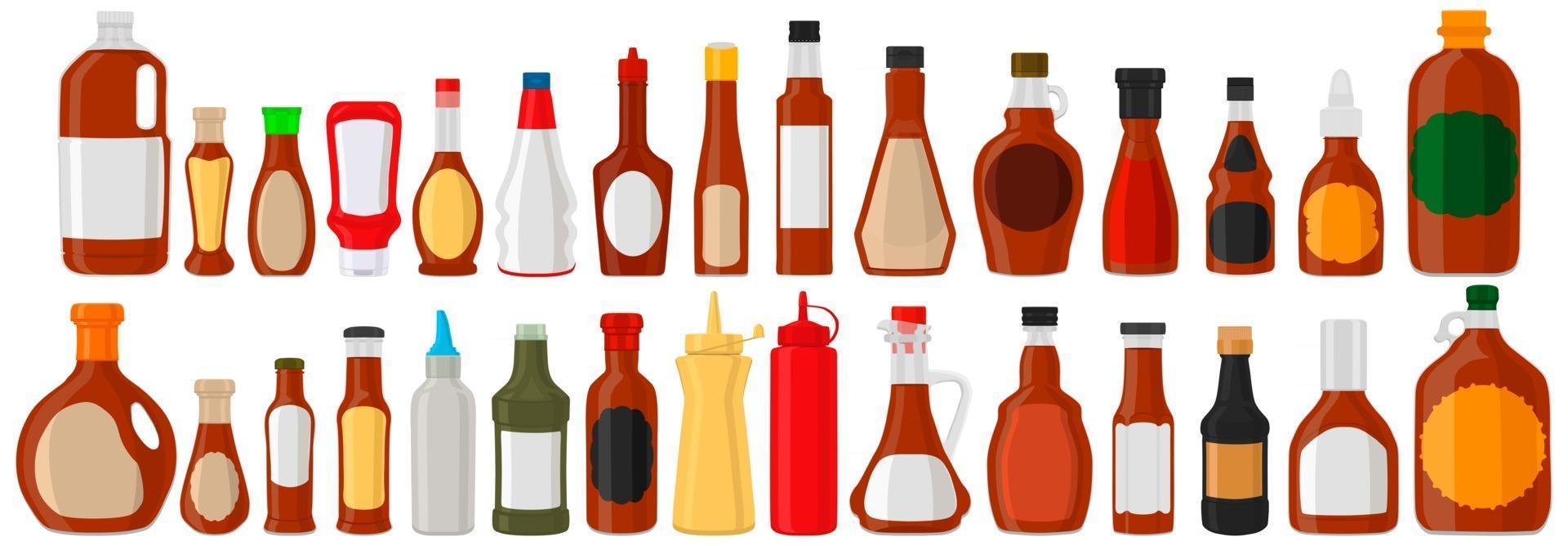 Illustration on theme kit varied glass bottles filled liquid sauce maple syrup vector