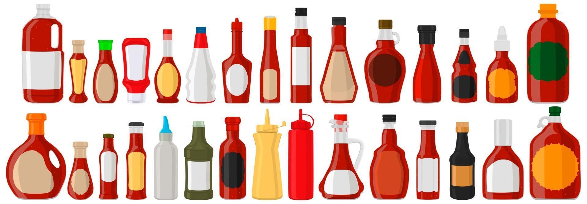 Illustration big kit varied glass bottles filled liquid sauce habanero vector