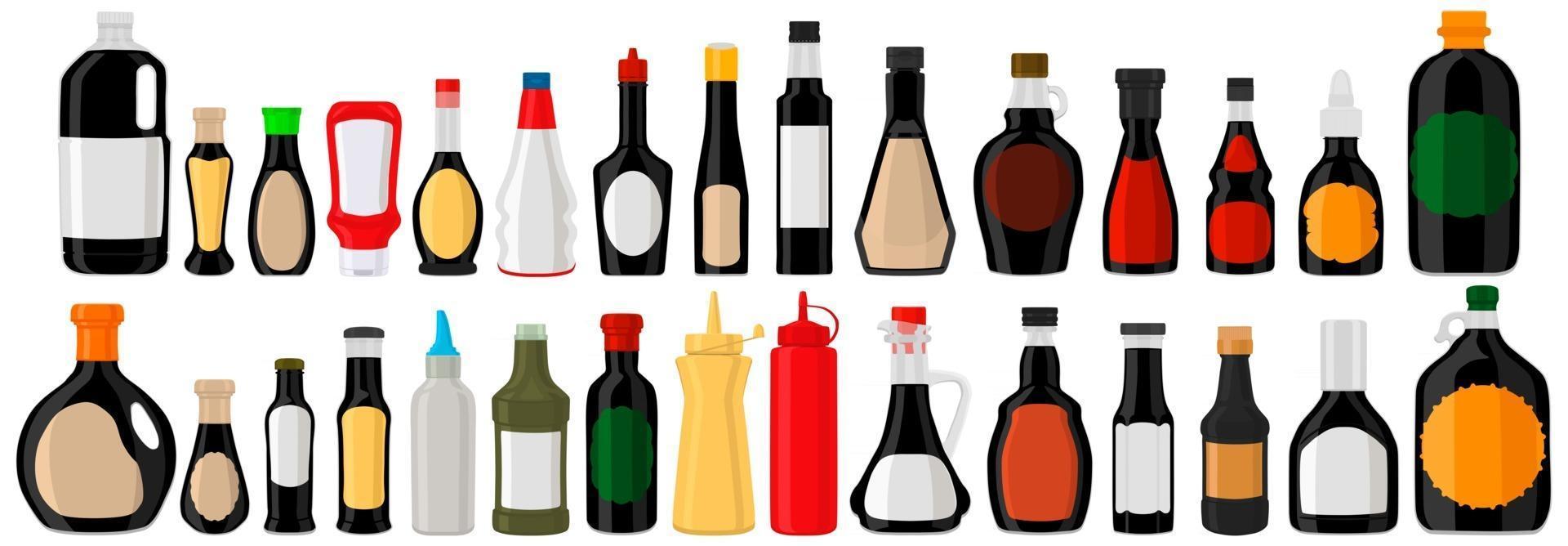 Ilustración sobre tema kit grande botellas de vidrio variadas llenas de vinagre balsámico líquido vector