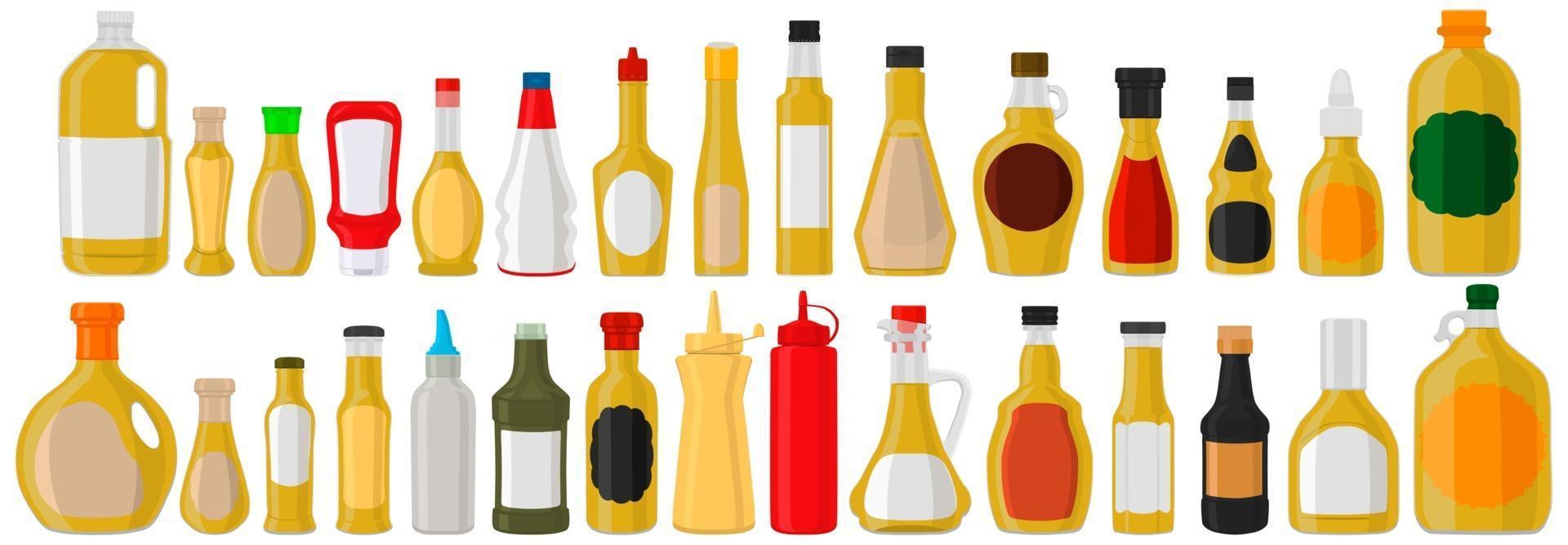 Illustration on theme big kit varied glass bottles filled liquid sauce curry vector