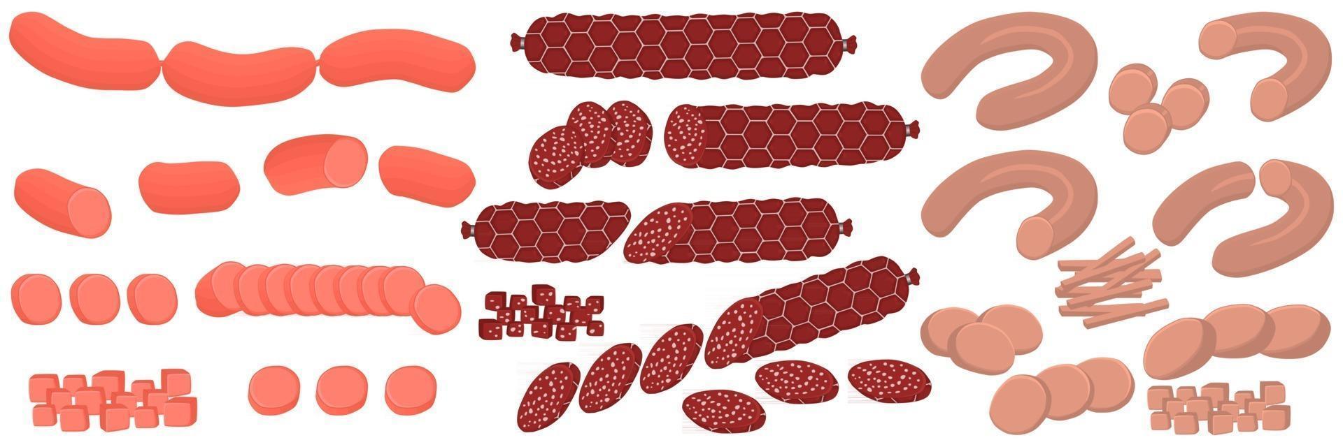 Ilustración sobre el tema del gran conjunto de diferentes tipos de embutidos de carne delicatessen vector