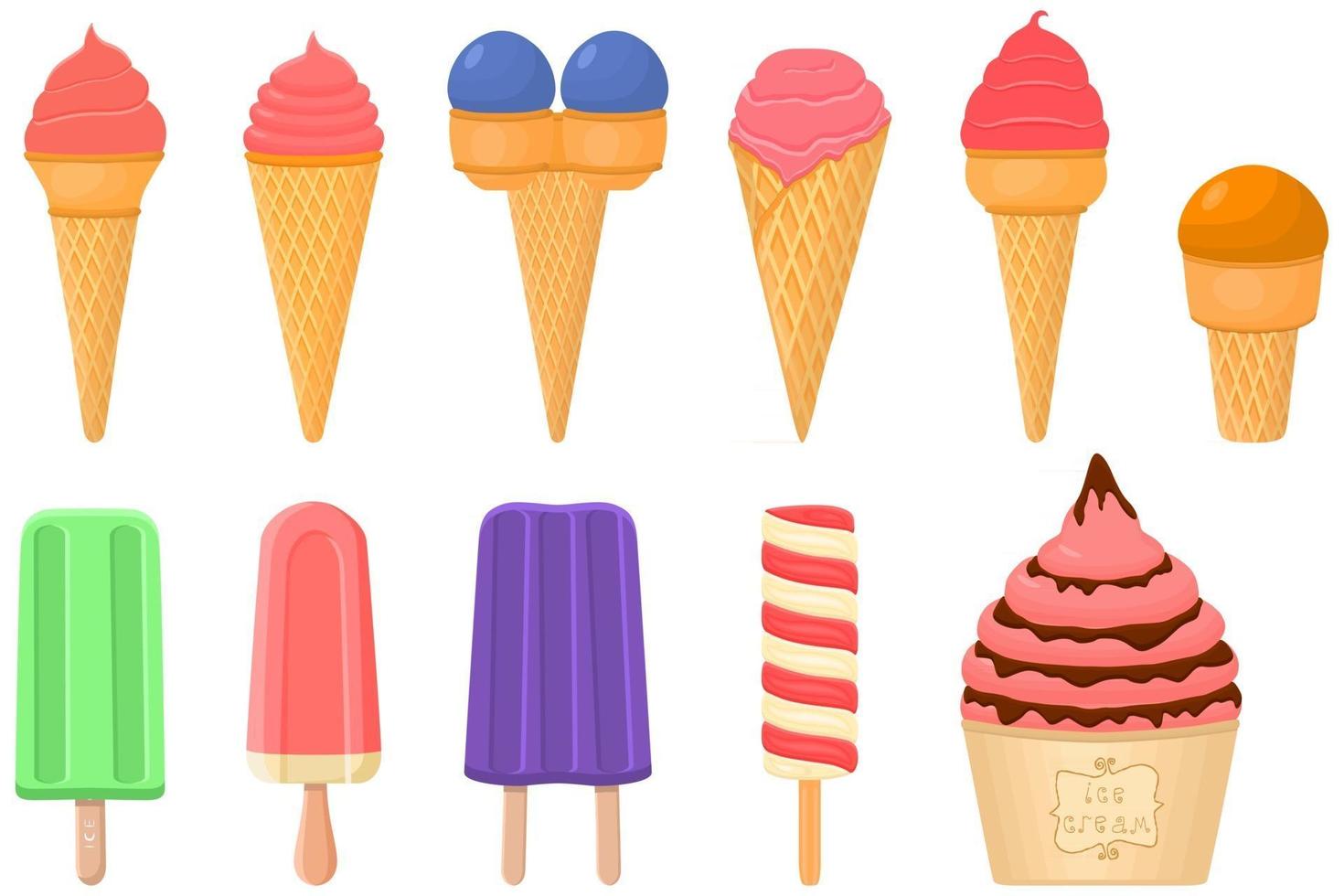 big kit ice cream popsicle different types in cone waffle cup vector