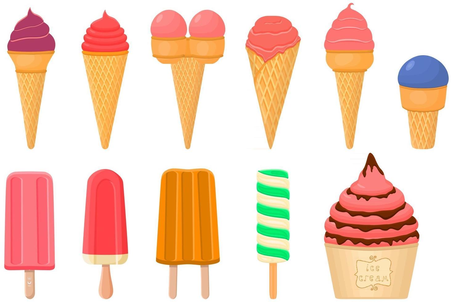 gran kit de paletas de helado de diferentes tipos en taza de gofres de cono vector