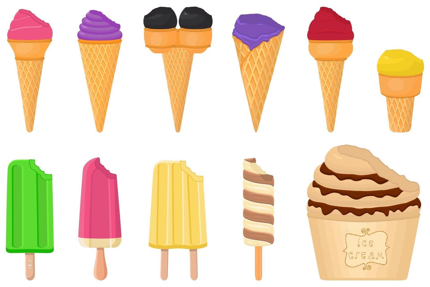 big kit ice cream popsicle different types in cone waffle cup vector