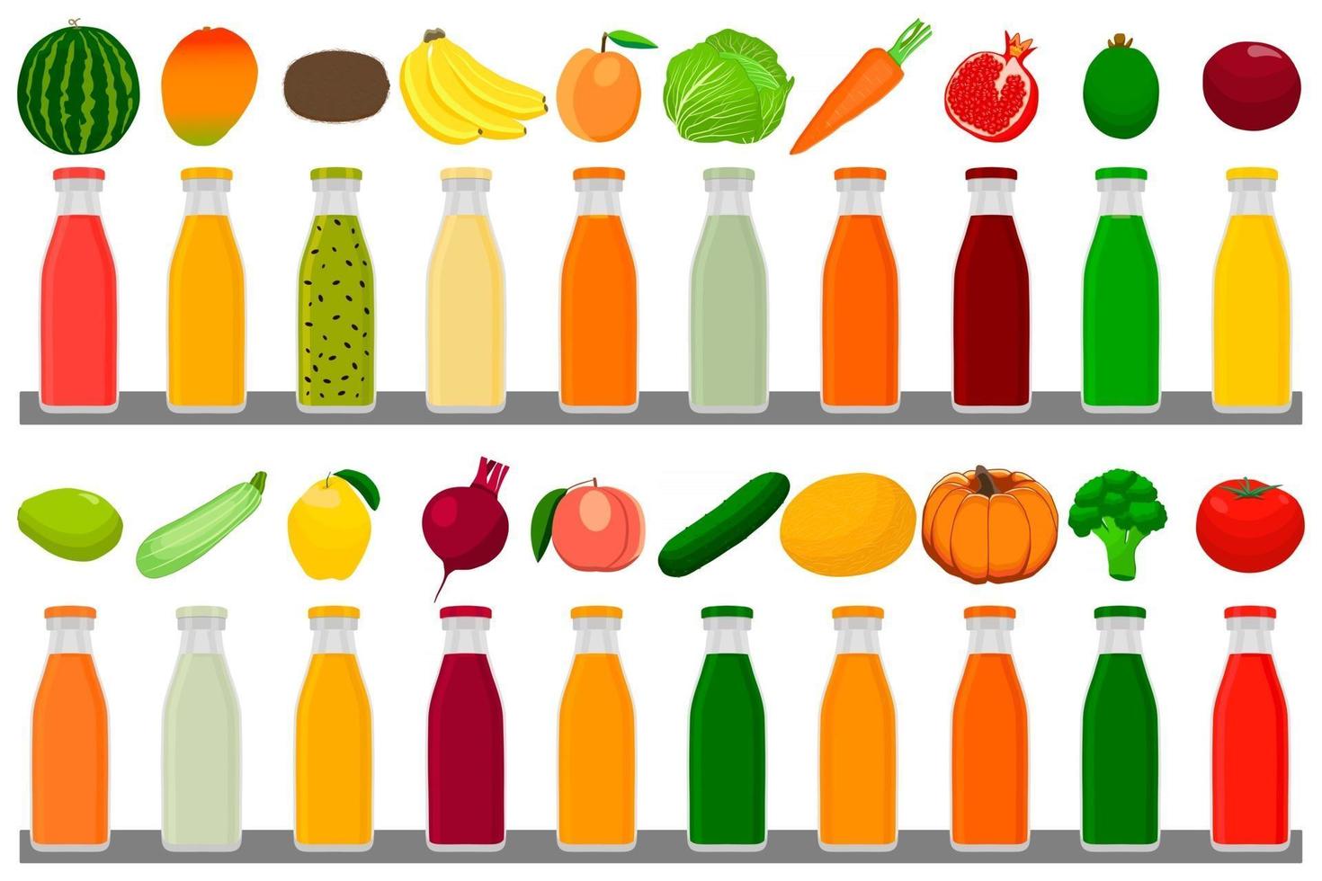 Botellas de vidrio con tapones llenos de jugo de fruta multicolor líquido vector