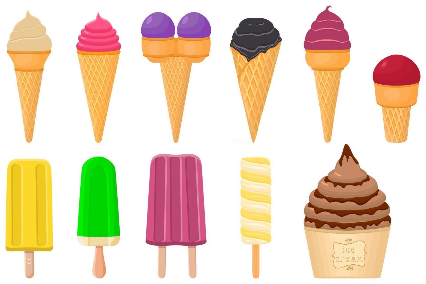 gran kit de paletas de helado de diferentes tipos en taza de gofres de cono vector