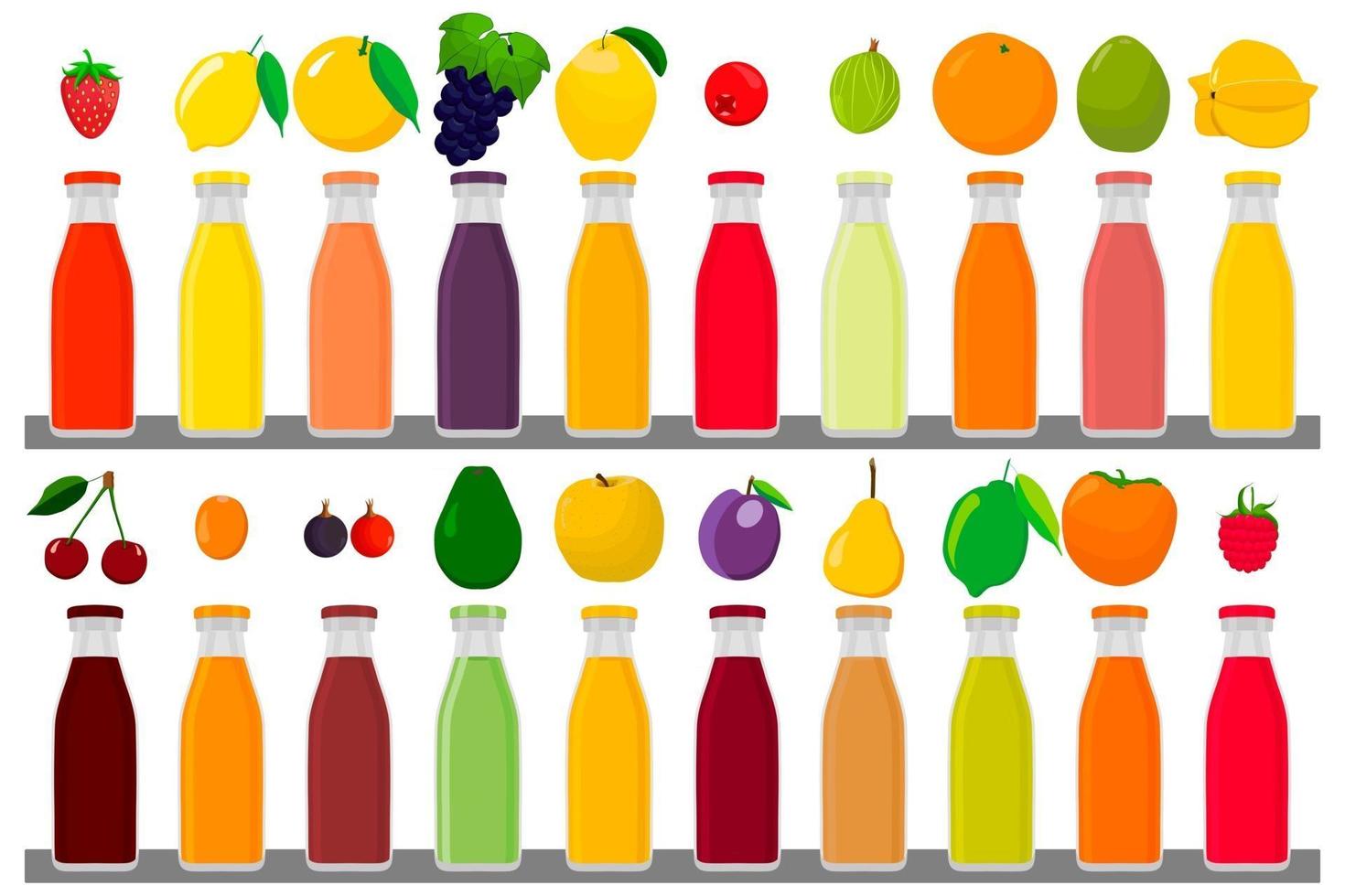 Gran kit de botellas de vidrio con tapas llenas de jugo de fruta multicolor líquido. vector