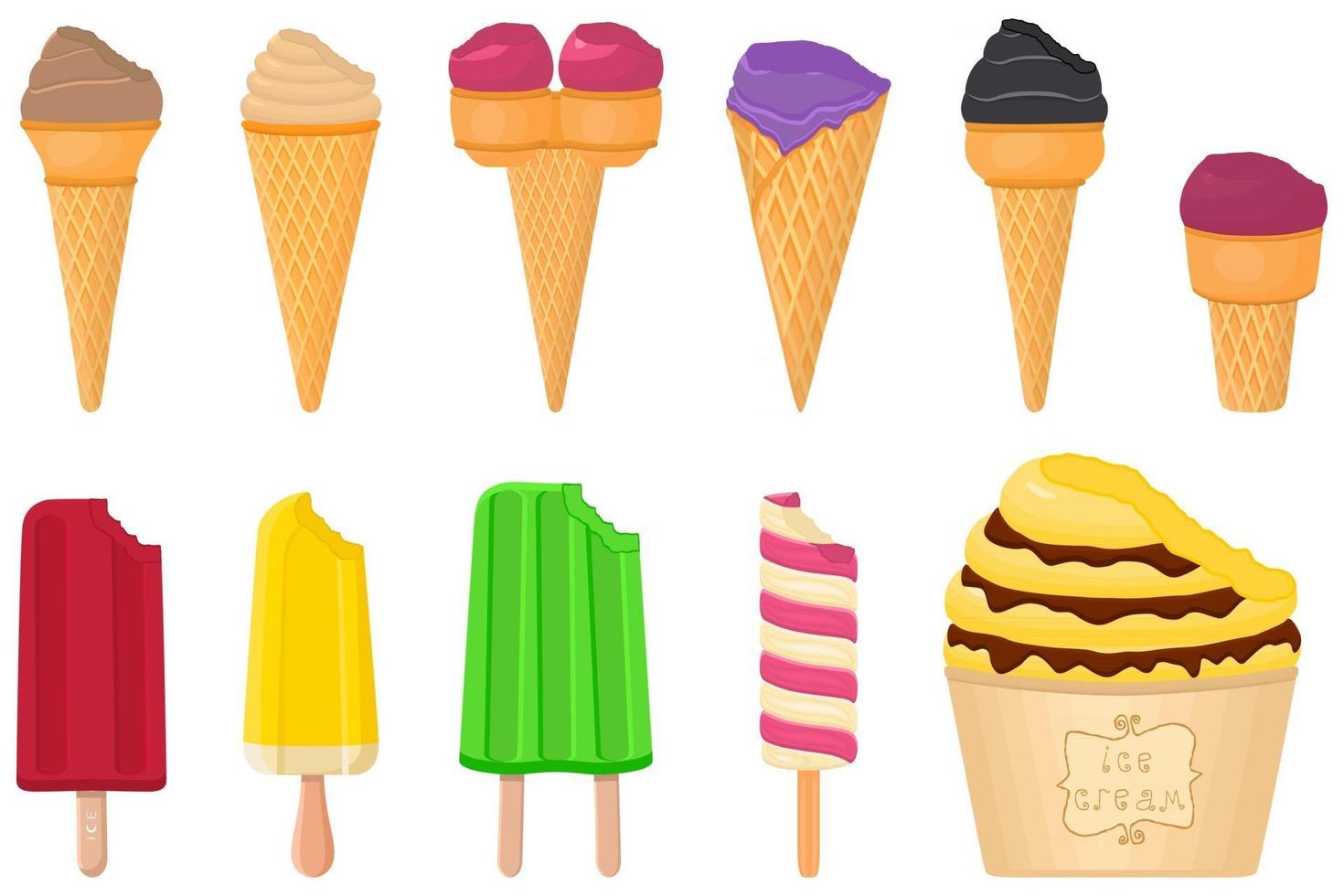big kit ice cream popsicle different types in cone waffle cup vector