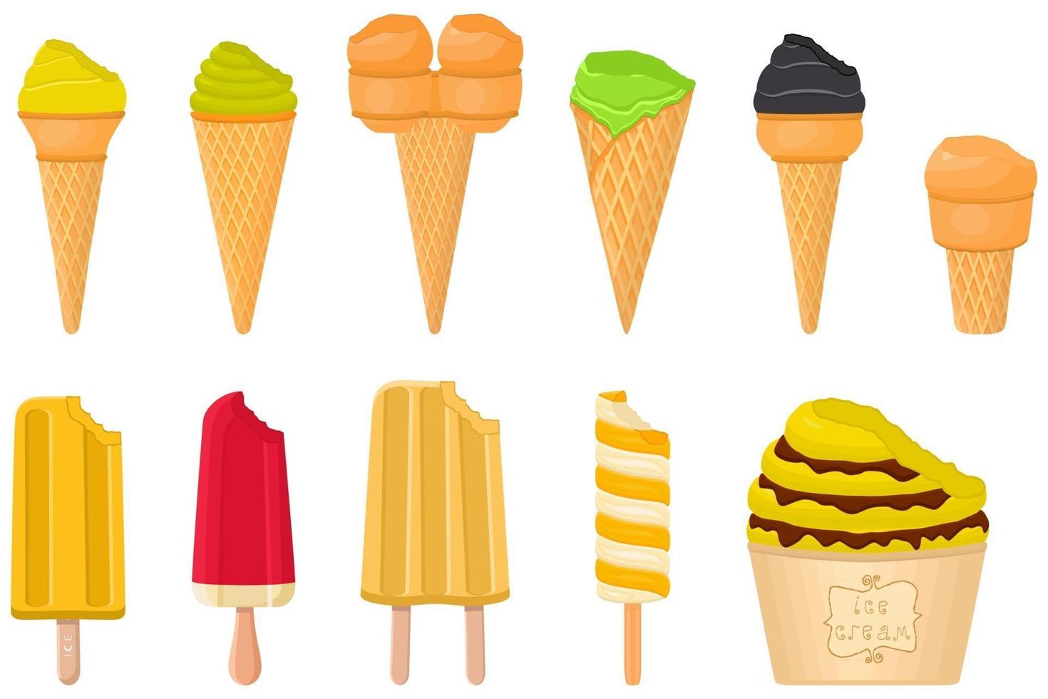 gran kit de paletas de helado de diferentes tipos en taza de gofres de cono vector