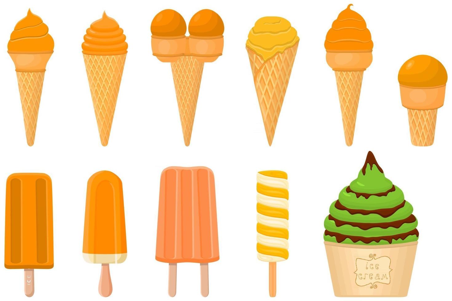 big kit ice cream popsicle different types in cone waffle cup vector