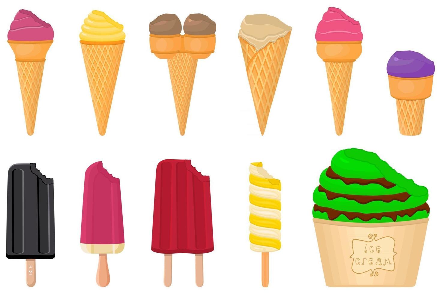 big kit ice cream popsicle different types in cone waffle cup vector