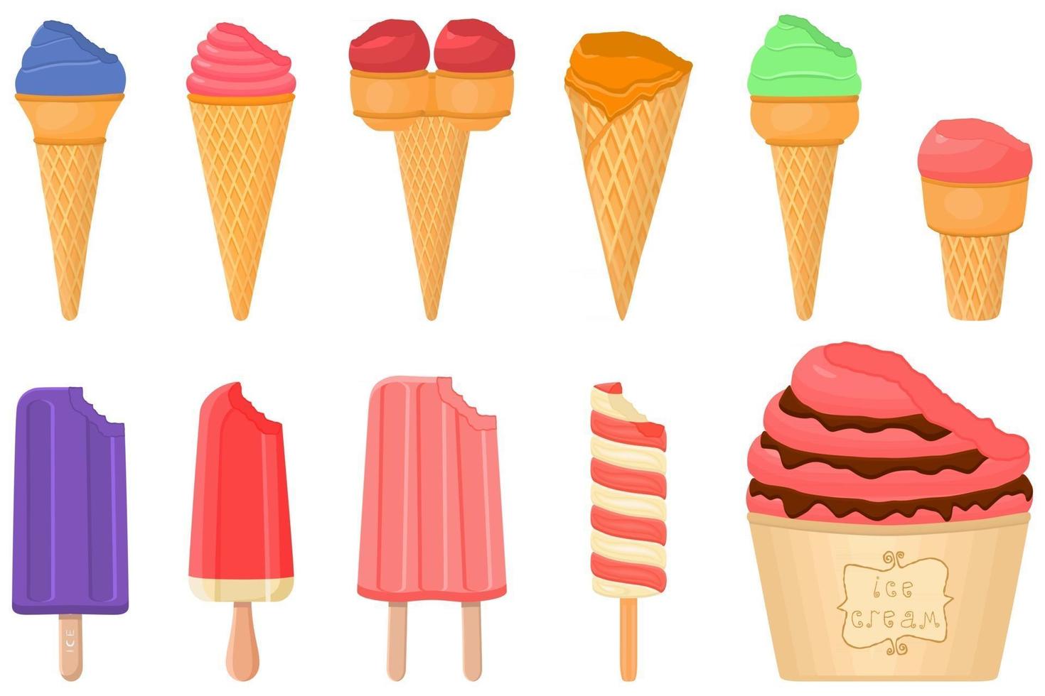 big kit ice cream popsicle different types in cone waffle cup vector
