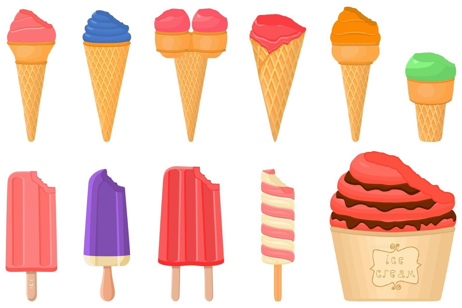 big kit ice cream popsicle different types in cone waffle cup vector