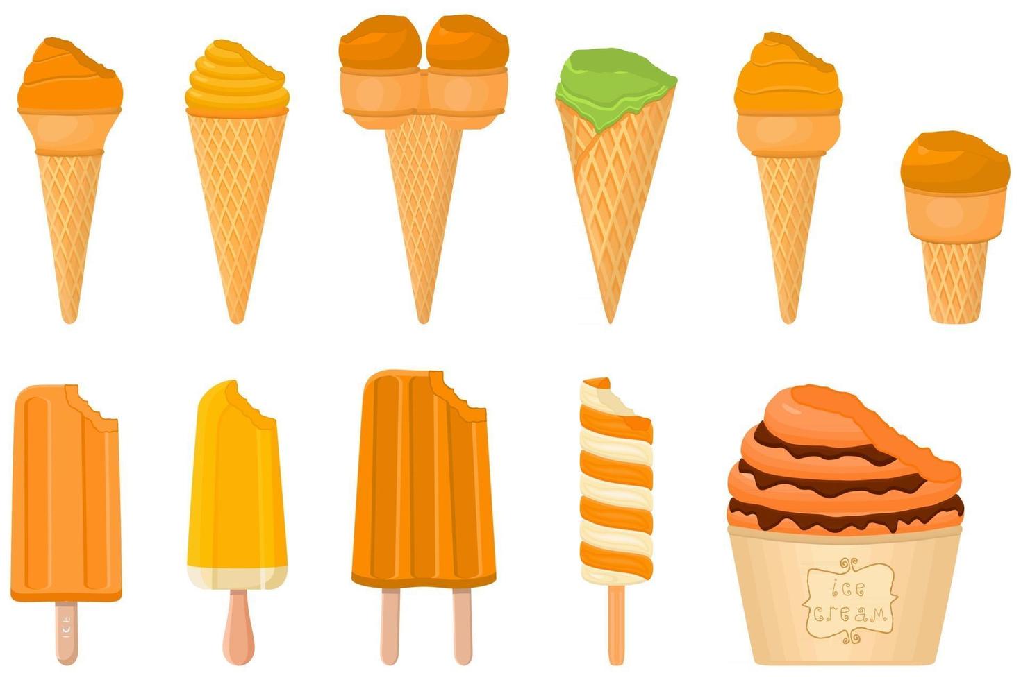 gran kit de paletas de helado de diferentes tipos en taza de gofres de cono vector