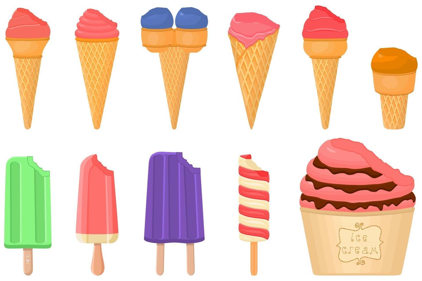 gran kit de paletas de helado de diferentes tipos en taza de gofres de cono vector