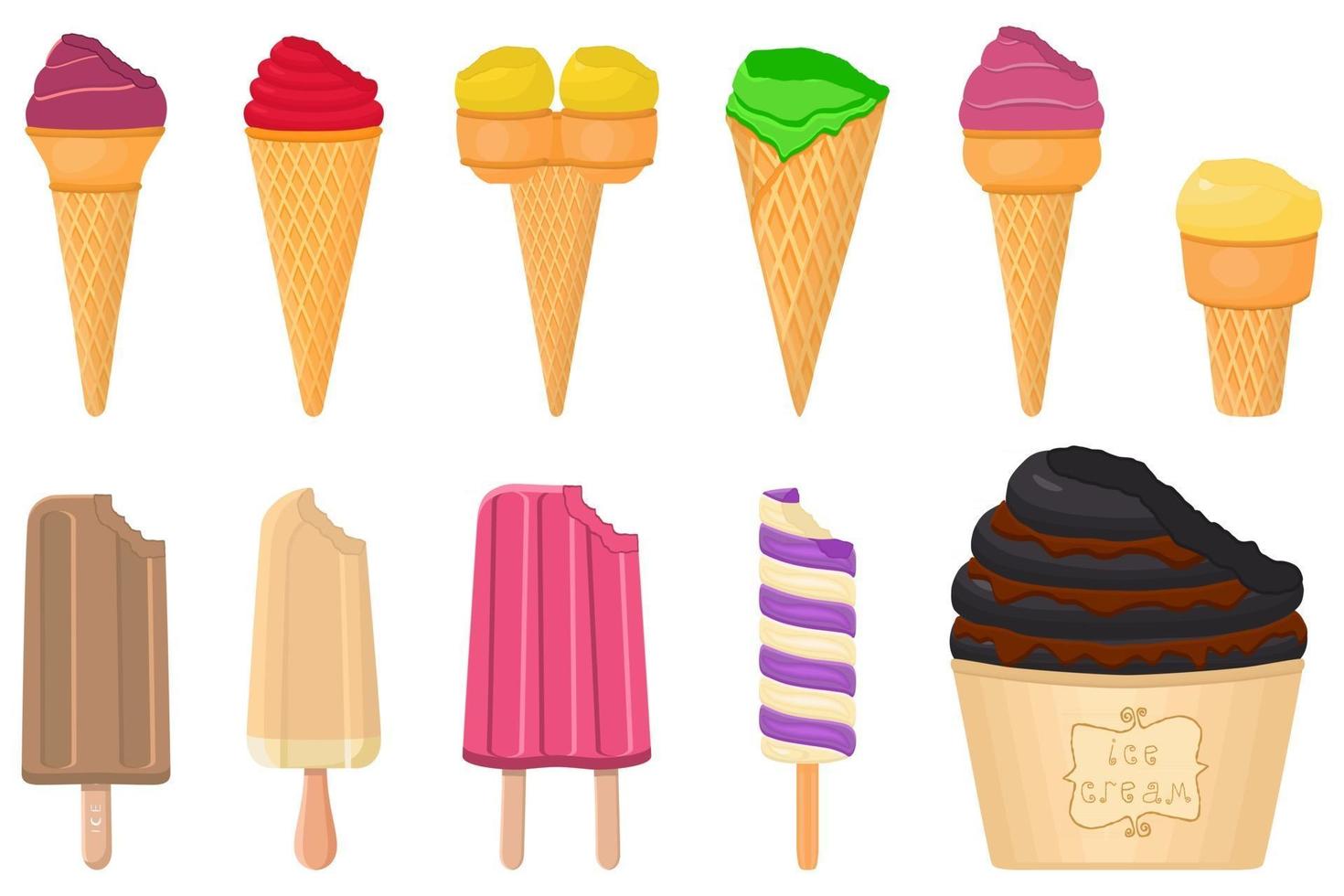 big kit ice cream popsicle different types in cone waffle cup vector