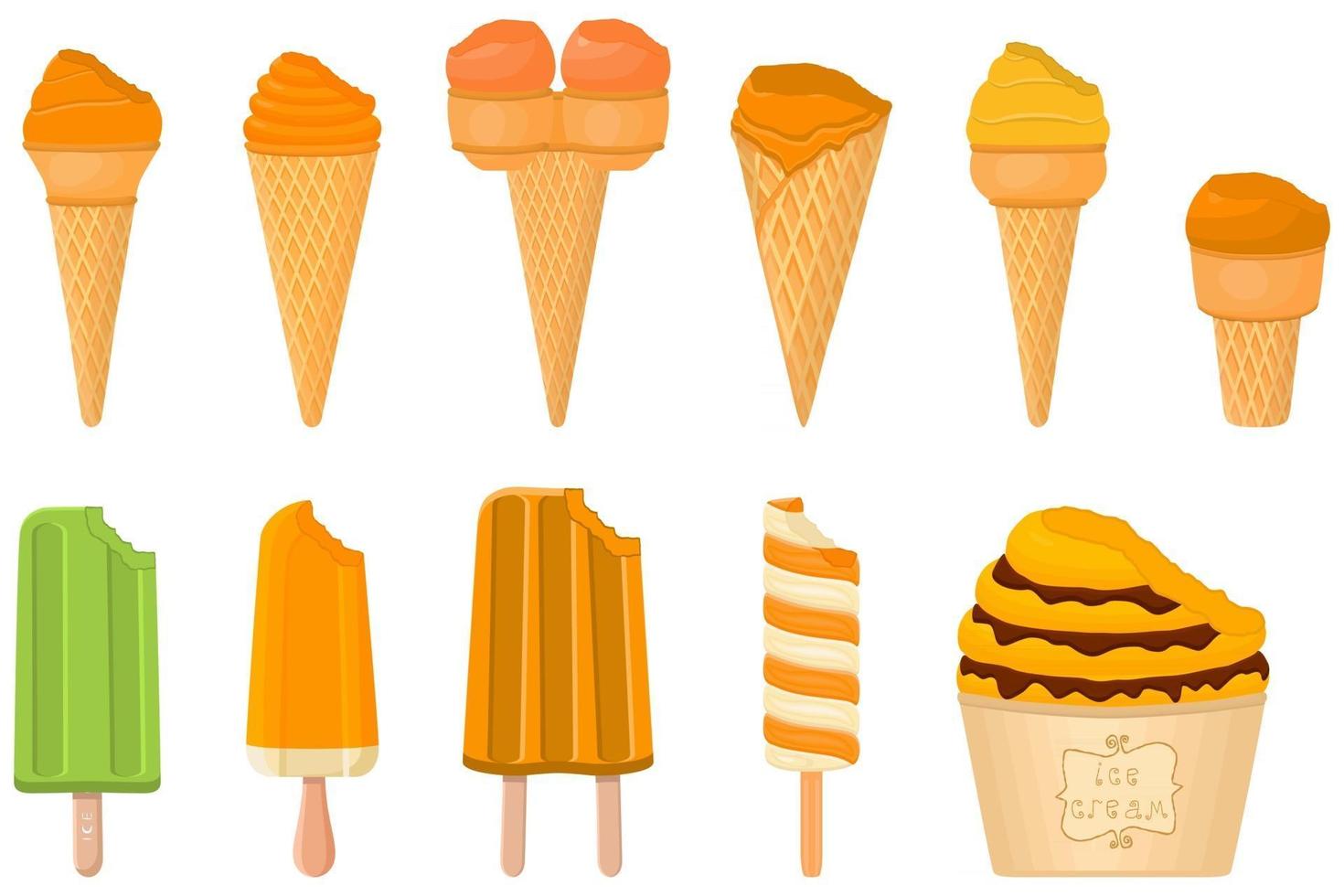 gran kit de paletas de helado de diferentes tipos en taza de gofres de cono vector