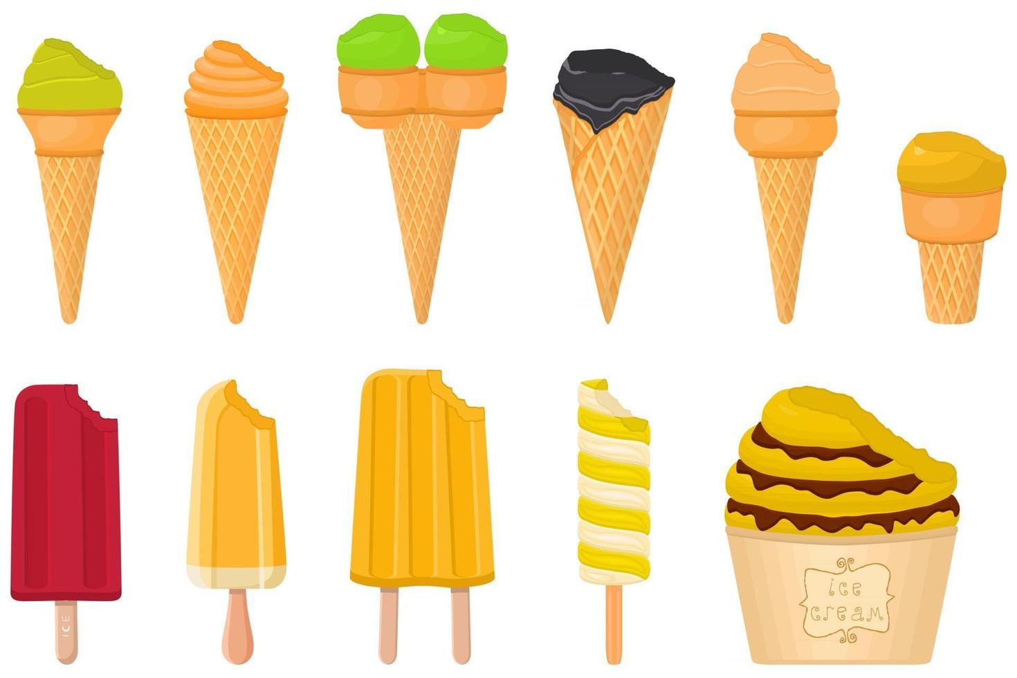 gran kit de paletas de helado de diferentes tipos en taza de gofres de cono vector