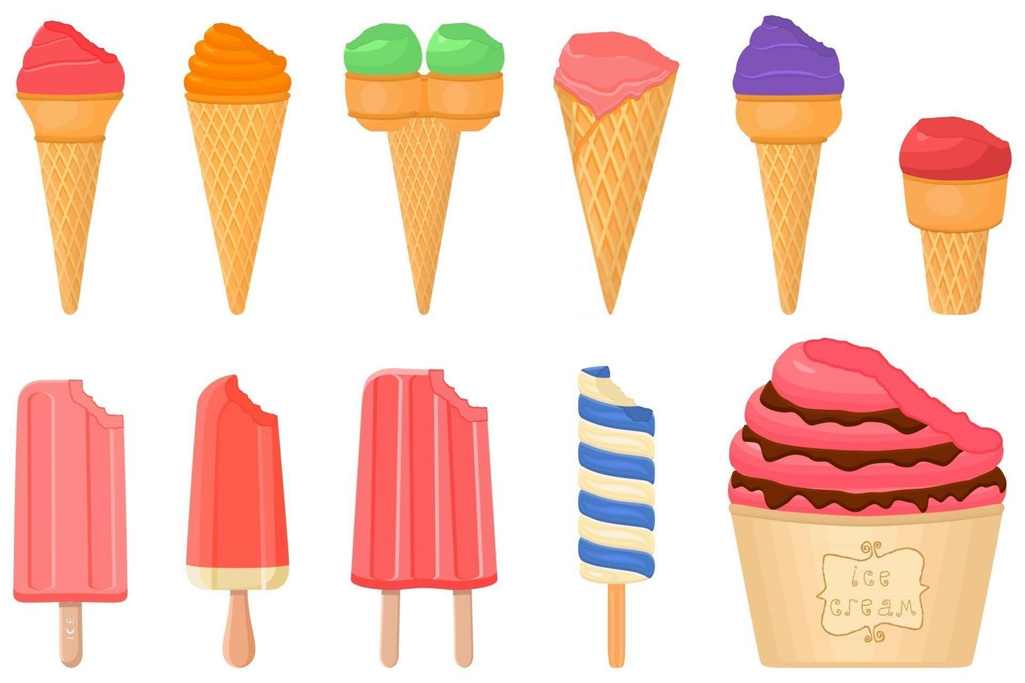 gran kit de paletas de helado de diferentes tipos en taza de gofres de cono vector