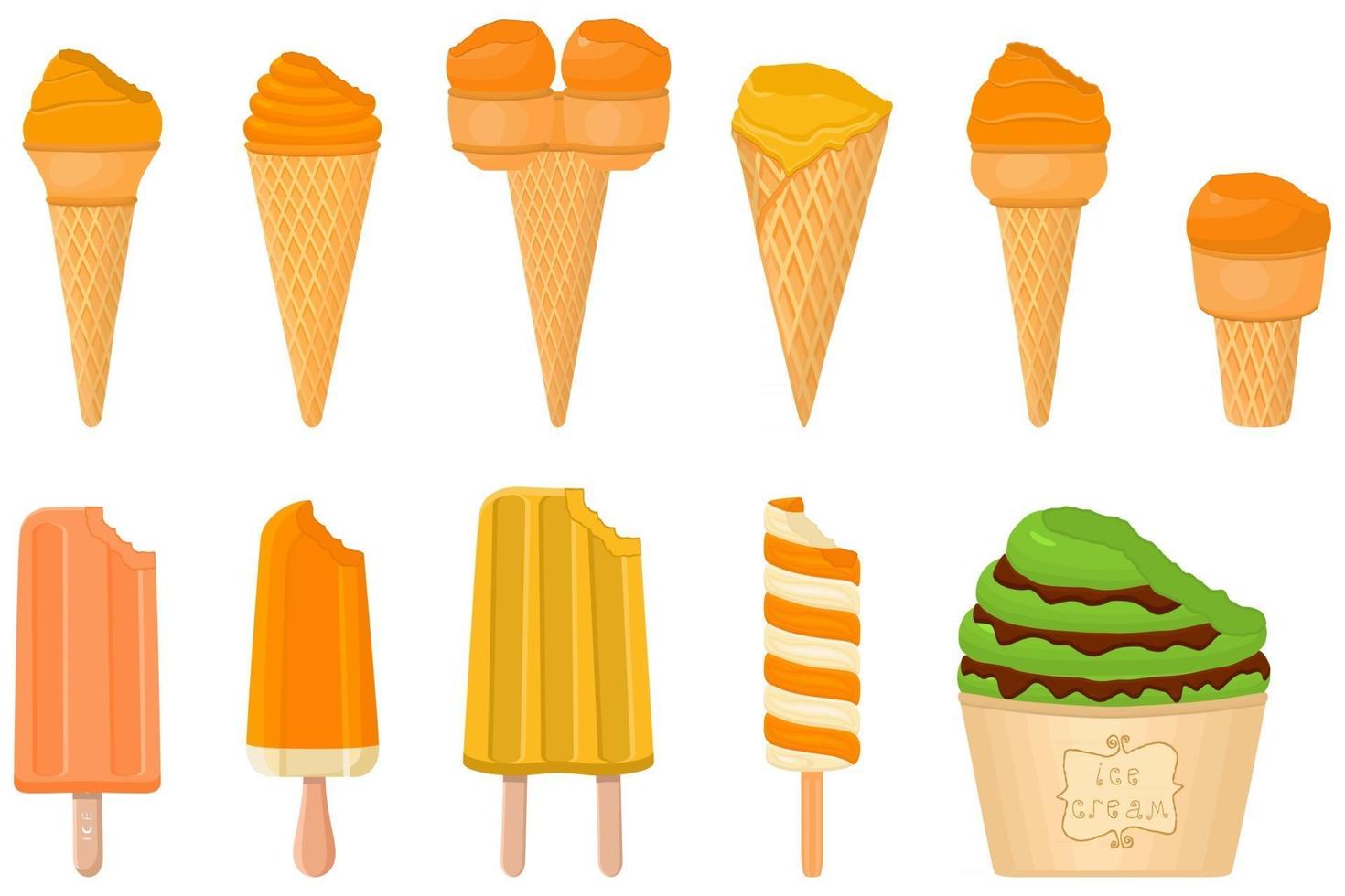 big kit ice cream popsicle different types in cone waffle cup vector