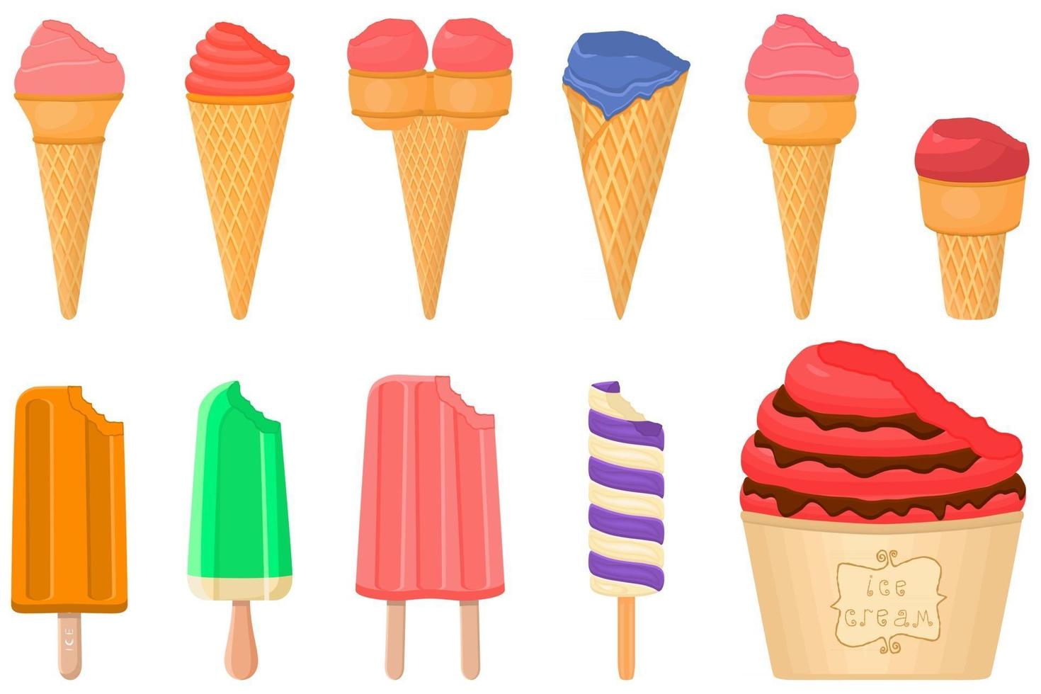 big kit ice cream popsicle different types in cone waffle cup vector