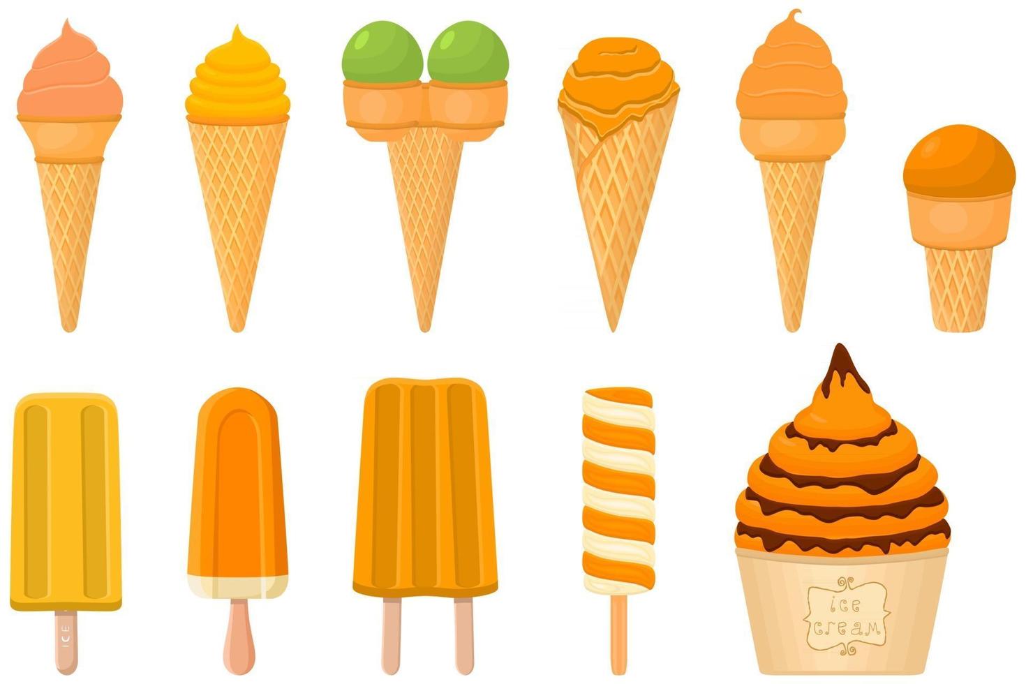 big kit ice cream popsicle different types in cone waffle cup vector